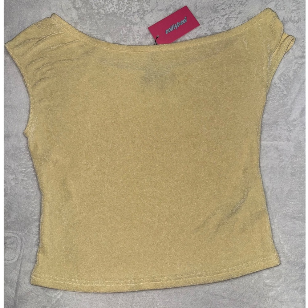 Edikted Yellow Shimmer Off The Shoulder Ruched Crop Top Womens Large NEW